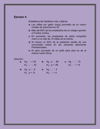 Ejemplo 5:
             Establezca las hipótesis nula y alterna.
             a. Las millas por galón (mpg) promedio de un nuevo
                modelo de automóvil es 32.
             b. Más del 65% de los empleados de un colegio aportan
                a Fondos Unidos.
             c. En promedio, los empleados de cierta compañía
                viven a no más de 15 millas de la misma.
             d. Al menos un 60% de la población adulta de una
                comunidad votará en las próximas elecciones
                Presidenciales.
             e. El peso promedio de un pollo para asar es de al
                menos cuatro libras.

Solución:
     a. H0 : = 32       b.   H0 : p .65     c. H0 : 15
          H1 : 32           H1 : p < .65       H1 : > 15
    d.   H0 : p .6      e.   H0 : 4
         H1 : p < .6          H1 : < 4
 