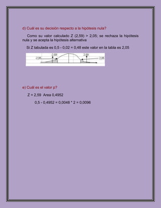 d) Cuál es su decisión respecto a la hipótesis nula?

   Como su valor calculado Z (2,59) > 2,05; se rechaza la hipótesis
nula y se acepta la hipótesis alternativa

  Si Z tabulada es 0,5 - 0,02 = 0,48 este valor en la tabla es 2,05




e) Cuál es el valor p?

   Z = 2,59 Area 0,4952

       0,5 - 0,4952 = 0,0048 * 2 = 0,0096
 