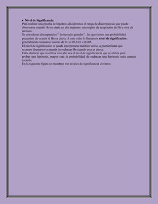 Nivel de Significancia.
Para realizar una prueba de hipótesis dividiremos el rango de discrepancias que puede
observarse cuando Ho es cierta en dos regiones: una región de aceptación de Ho y otra de
rechazo.
Se consideran discrepancias “ demasiado grandes” , las que tienen una probabilidad
pequeña de ocurrir si Ho es cierta. A este valor lo llamamos nivel de significación:
generalmente tomamos valores de 0.1,0.05,0.01 o 0,005.
El nivel de significación puede interpretarse también como la probabilidad que
estamos dispuestos a asumir de rechazar Ho cuando esta es cierta.
Cabe destacar que mientras más alto sea el nivel de significancia que se utiliza para
probar una hipótesis, mayor será la probabilidad de rechazar una hipótesis nula cuando
escierta.
En la siguiente figura se muestran tres niveles de significancia distintos:
 