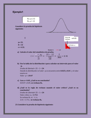 Ejemplo1

                 H 0: µ   12
                 Ha: µ    12

  Considere la prueba de hipótesis
  siguiente:




                                                                     Zona de
                                                                                α=0.05
                                                                      rechazo

     n= 25,
      = 14                                                               .0147valor -p
     s = 4.32.
                                             Escala t 0   1.71 2.31

    a) Calcule el valor del estadístico de prueba.




    b) Use la tabla de la distribución t para calcular un intervalo para el valor
       –p.
       Grados de libertad = 25 – 1 = 24
       Usando la distribución t el valor –p se encuentra entre:0.025 y 0.01 y el valor
       exacto es:
       Valor –p = .0147

    c) Con α = 0.05, ¿Cuál es su conclusión?
       0.0147 ≤ 0.05, se rechaza H0.

    d) ¿Cuál es la regla de rechazo usando el valor crítico? ¿Cuál es su
       conclusión?
       Grados de Libertad= 25 – 1 = 24
       Valor crítico: tα = 1.711
       Se rechaza H0 si: t tα
       2.31 > 1.711, se rechaza H0.

  23. Considere la prueba de hipótesis siguiente:
 
