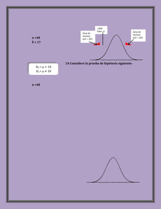 .1304
                                         Valor -p                 Zona de
                            Zona de
                                                                  rechazo
                            rechazo
n =48                       α/2 = .025
                                                                  α/2 = .025

 = 17




                24. Considere la prueba de hipótesis siguiente:
  H0 = µ   18
  Ha = µ   18



n =48
 