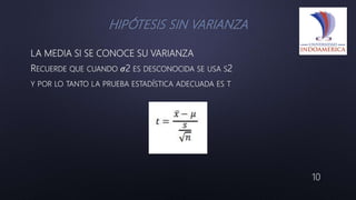 10
LA MEDIA SI SE CONOCE SU VARIANZA
RECUERDE QUE CUANDO 𝜎2 ES DESCONOCIDA SE USA S2
Y POR LO TANTO LA PRUEBA ESTADÍSTICA ADECUADA ES T
 