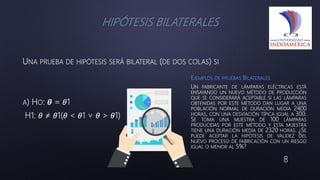 8
UNA PRUEBA DE HIPÓTESIS SERÁ BILATERAL (DE DOS COLAS) SI
A) HO: 𝜽 = 𝜃1
H1: 𝜃 ≠ 𝜃1(𝜃 < 𝜃1 ∨ 𝜃 > 𝜃1)
EJEMPLOS DE PRUEBAS BILATERALES
UN FABRICANTE DE LÁMPARAS ELÉCTRICAS ESTÁ
ENSAYANDO UN NUEVO MÉTODO DE PRODUCCIÓN
QUE SE CONSIDERARÁ ACEPTABLE SI LAS LÁMPARAS
OBTENIDAS POR ESTE MÉTODO DAN LUGAR A UNA
POBLACIÓN NORMAL DE DURACIÓN MEDIA 2400
HORAS, CON UNA DESVIACIÓN TÍPICA IGUAL A 300.
SE TOMA UNA MUESTRA DE 100 LÁMPARAS
PRODUCIDAS POR ESTE MÉTODO Y ESTA MUESTRA
TIENE UNA DURACIÓN MEDIA DE 2320 HORAS. ¿SE
PUEDE ACEPTAR LA HIPÓTESIS DE VALIDEZ DEL
NUEVO PROCESO DE FABRICACIÓN CON UN RIESGO
IGUAL O MENOR AL 5%?
 