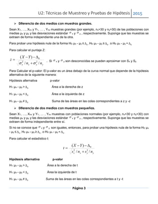 U2: Técnicas de Muestreo y Pruebas de Hipótesis 2015
Página 3
 Diferencia de dos medias con muestras grandes.
Sean X1, …, Xnx y Y1, … , Ynx muestras grandes (por ejemplo, nx>30 y ny>30) de las poblaciones con
medias µx y µy y las desviaciones estándar  x y  y , respectivamente. Suponga que las muestras se
extraen de forma independiente una de la otra.
Para probar una hipótesis nula de la forma H0: µx - µy ≤ 0 , H0: µx - µy ≥ 0 , o H0: µx - µy = 0
Para calcular el puntaje Z:
yyxx nn
YX
z
//
)(
22
0
 

 . Si  x y  y son desconocidas se pueden aproximar con Sx y Sy
Para Calcular el p-valor: El p-valor es un área debajo de la curva normal que depende de la hipótesis
alternativa de la siguiente manera:
Hipótesis alternativa p-valor
H1: µx - µy > 0 Área a la derecha de z
H1: µx - µy < 0 Área a la izquierda de z
H1: µx - µy ≠ 0 Suma de las áreas en las colas correspondientes a z y -z
 Diferencia de dos medias con muestras pequeñas.
Sean X1, …, Xnx y Y1, … , Ynx muestras con poblaciones normales (por ejemplo, nx<30 y ny<30) con
medias µx y µy y las desviaciones estándar  x y  y , respectivamente. Suponga que las muestras se
extraen de forma independiente entre sí.
Si no se conoce que  x y  y son iguales, entonces, para probar una hipótesis nula de la forma H0: µx
- µy ≤ 0 , H0: µx - µy ≥ 0 , o H0: µx - µy = 0 .
Para calcular el estadístico t:
yyxx nsns
YX
t
//
)(
22
0



Hipótesis alternativa p-valor
H1: µx - µy > 0 Área a la derecha de t
H1: µx - µy < 0 Área la izquierda de t
H1: µx - µy ≠ 0 Suma de las áreas en las colas correspondientes a t y -t
 