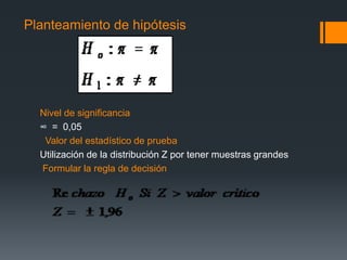 Planteamiento de hipótesis




  Nivel de significancia
  ∞ = 0,05
   Valor del estadístico de prueba
  Utilización de la distribución Z por tener muestras grandes
  Formular la regla de decisión
 