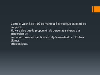 Como el valor Z es 1,92 es menor a Z crítico que es ±1,96 se
acepta la
Ho y se dice que la proporción de personas solteras y la
proporción de
personas casadas que tuvieron algún accidente en los tres
últimos
años es igual.
 