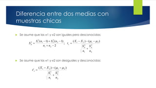 Diferencia entre dos medias con
muestras chicas
 Se asume que las 1 y 2 son iguales pero desconocidas:
 Se asume que las 1 y 2 son desiguales y desconocidas:
2
2
1
2
2121
21
2
2
21
2
12 )()(
;
2
)1()1(
n
S
n
S
XX
t
nn
nSnS
S
pp
cp







2
2
2
1
2
1
2121 )()(
'
n
S
n
S
XX
t c




 