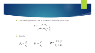  La fórmula para calcular el valor estadístico de prueba es:
 Siendo:
x
x
n
x
p ˆ
)
11
)(ˆ1(ˆ
ˆˆ
yx
yx
nn
pp
pp
Z



y
y
n
y
p ˆ
yx nn
yx
p


ˆ
 