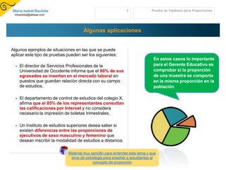 María Isabel Bautista                                           3              Prueba de hipótesis para Proporciones
 mbautista@aldeae.com




                                       Algunas aplicaciones


Algunos ejemplos de situaciones en las que se puede
aplicar este tipo de pruebas pueden ser los siguientes:
                                                                                En estos casos lo importante
     El director de Servicios Profesionales de la                              para el Gerente Educativo es
      Universidad de Occidente informa que el 80% de sus                        comprobar si la proporción
      egresados se insertan en el mercado laboral en                            de una muestra se comporta
      puestos que guardan relación directa con su campo                         en la misma proporción en la
      de estudios.                                                              población

     El departamento de control de estudios del colegio X,
      afirma que el 85% de los representantes consultan
      las calificaciones por Internet y no considera
      necesario la impresión de boletas trimestrales.

     Un Instituto de estudios superiores desea saber si
      existen diferencias entre las proporciones de
      ejecutivos de sexo masculino y femenino que
      desean inscribir la modalidad de estudios a distancia.

                               Material muy sencillo para entender este tema y que
                                sirve de estrategia para enseñar a estudiantes el
                                             concepto de proporción
 