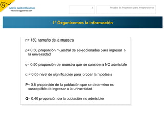 María Isabel Bautista                                   6           Prueba de hipótesis para Proporciones
 mbautista@aldeae.com




                               1° Organicemos la información



              n= 150, tamaño de la muestra

              p= 0,50 proporción muestral de seleccionados para ingresar a
               la universidad

              q= 0,50 proporción de muestra que se considera NO admisible

              α = 0.05 nivel de significación para probar la hipótesis

              P= 0,6 proporción de la población que se determino es
               susceptible de ingresar a la universidad

              Q= 0,40 proporción de la población no admisible
 