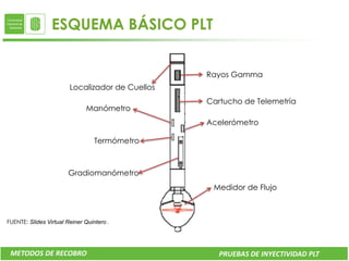 ESQUEMA BÁSICO PLT


                                                 Rayos Gamma
                        Localizador de Cuellos
                                                 Cartucho de Telemetría
                              Manómetro
                                                 Acelerómetro

                                  Termómetro



                       Gradiomanómetro
                                                  Medidor de Flujo



FUENTE: Slides Virtual Reiner Quintero .




 METODOS DE RECOBRO                                 PRUEBAS DE INYECTIVIDAD PLT
 