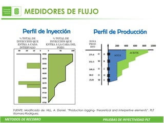 MEDIDORES DE FLUJO

          Perfil de Inyección                                  Perfil de Producción
        % TOTAL DE              % TOTAL DE
      INYECCIÓN QUE           INYECCIÓN QUE                ZONA
       ENTRA A CADA         ENTRA A LA CARA DEL            PROD.
        INTERVALO                  POZO.                    BPD

                                                                                         ACEITE
                                                                              AGUA




    FUENTE: Modificado de: HILL, A. Daniel. “Production logging- theoretical and interpretive elements”. PLT
    Xiomara Rodríguez.
    .
METODOS DE RECOBRO                                                    PRUEBAS DE INYECTIVIDAD PLT
 