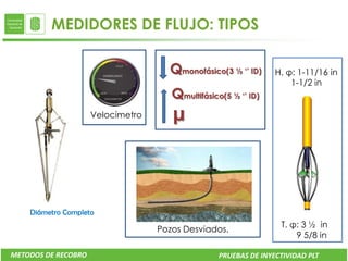 MEDIDORES DE FLUJO: TIPOS

                                     Qmonofásico(3 ½ ‘’ ID)      H. φ: 1-11/16 in
                                                                     1-1/2 in
                                                                 H. Φ: 1-11/16 in
                                      Qmultifásico(5 ½ ‘’ ID)          1-1/2 in

                     Velocímetro      µ



    Diámetro Completo
                                                                  T. φ: 3 ½ in
                                   Pozos Desviados.
                                                                      9 5/8 in

METODOS DE RECOBRO                                PRUEBAS DE INYECTIVIDAD PLT
 