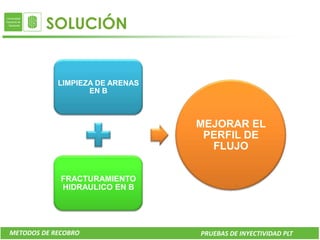 SOLUCIÓN


            LIMPIEZA DE ARENAS
                   EN B



                                 MEJORAR EL
                                  PERFIL DE
                                   FLUJO

             FRACTURAMIENTO
             HIDRAULICO EN B




METODOS DE RECOBRO               PRUEBAS DE INYECTIVIDAD PLT
 