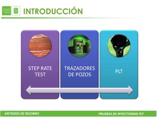 INTRODUCCIÓN




            STEP RATE   TRAZADORES
                                              PLT
              TEST       DE POZOS




METODOS DE RECOBRO                   PRUEBAS DE INYECTIVIDAD PLT
 