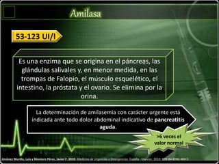 Amilasa
Jiménez Murillo, Luis y Montero Pérez, Javier F. 2010. Medicina de Urgencias y Emergencias. España : Elsevier, 2010. 978-84-8086-469-5.
Es una enzima que se origina en el páncreas, las
glándulas salivales y, en menor medida, en las
trompas de Falopio, el músculo esquelético, el
intestino, la próstata y el ovario. Se elimina por la
orina.
53-123 UI/l
La determinación de amilasemia con carácter urgente está
indicada ante todo dolor abdominal indicativo de pancreatitis
aguda.
>6 veces el
valor normal
 