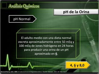 Bernard Herny, John. 2005. El Laboratorio en el Diagnóstico Clínico. Madrid : Marbán, 2005. 84-7101-463-7.
Análisis Químicos
pH de la Orina
pH Normal
El adulto medio con una dieta normal
excreta aproximadamente entre 50 mEq y
100 mEq de iones hidrógeno en 24 horas
para producir una orina de un pH
aproximado en 6.
4, 6 y 8,0
 