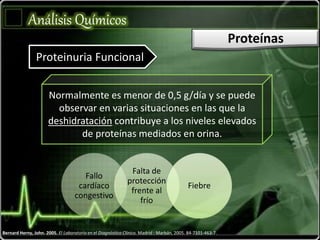 Bernard Herny, John. 2005. El Laboratorio en el Diagnóstico Clínico. Madrid : Marbán, 2005. 84-7101-463-7.
Análisis Químicos
Proteínas
Proteinuria Funcional
Normalmente es menor de 0,5 g/día y se puede
observar en varias situaciones en las que la
deshidratación contribuye a los niveles elevados
de proteínas mediados en orina.
Fallo
cardíaco
congestivo
Falta de
protección
frente al
frío
Fiebre
 