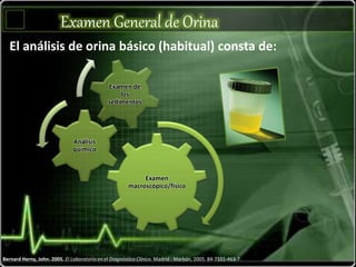 Examen General de Orina
Examen
macroscópico/físico
Análisis
químico
Examen de
los
sedimentos
El análisis de orina básico (habitual) consta de:
Bernard Herny, John. 2005. El Laboratorio en el Diagnóstico Clínico. Madrid : Marbán, 2005. 84-7101-463-7.
 