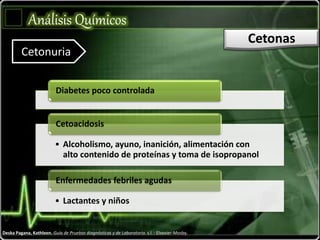 Análisis Químicos
Cetonas
Cetonuria
Diabetes poco controlada
• Alcoholismo, ayuno, inanición, alimentación con
alto contenido de proteínas y toma de isopropanol
Cetoacidosis
• Lactantes y niños
Enfermedades febriles agudas
Deska Pagana, Kathleen. Guía de Pruebas diagnósticas y de Laboratorio. s.l. : Elsevier-Mosby.
 