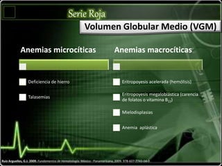 Serie Roja
Ruiz Arguelles, G.J. 2009. Fundamentos de Hematología. México : Panamericana, 2009. 978-607-7743-04-0.
Volumen Globular Medio (VGM)
Anemias microcíticas
Deficiencia de hierro
Talasemias
Anemias macrocíticas
Eritropoyesis acelerada (hemólisis)
Eritropoyesis megaloblástica (carencia
de folatos o vitamina B12)
Mielodisplasias
Anemia aplástica
 