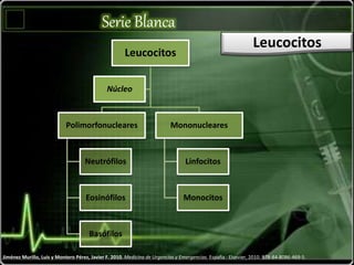 Serie Blanca
Leucocitos
Jiménez Murillo, Luis y Montero Pérez, Javier F. 2010. Medicina de Urgencias y Emergencias. España : Elsevier, 2010. 978-84-8086-469-5.
Leucocitos
Polimorfonucleares
Neutrófilos
Eosinófilos
Basófilos
Mononucleares
Linfocitos
Monocitos
Núcleo
 