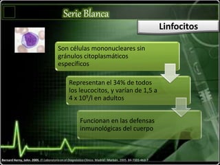 Serie Blanca
Linfocitos
Bernard Herny, John. 2005. El Laboratorio en el Diagnóstico Clínico. Madrid : Marbán, 2005. 84-7101-463-7.
Son células mononucleares sin
gránulos citoplasmáticos
específicos
Representan el 34% de todos
los leucocitos, y varían de 1,5 a
4 x 109/l en adultos
Funcionan en las defensas
inmunológicas del cuerpo
 