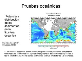 Pruebas oceánicas 
Potencia y 
distribución 
de los 
sedimentos 
en la 
litosfera 
oceánica 
http://dx.doi.org/10.1 
002/ggge.20181 
Si las cuencas oceánicas fueran estructuras permanentes y teniendo en cuenta la 
tasa media de sedimentación, esperaríamos potencias de sedimentos superiores a 
los 15 kilómetros. La media real de sedimentos se sitúa alrededor de 1,6 kilómetros 
 