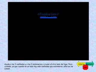 Ayuda a los 3 caníbales y a los 3 misioneros a cruzar al otro lado del lago. Pero cuidado, ya que cuando en un lado hay más caníbales que misioneros, ellos se los comen. Siguiente Anterior Salir 