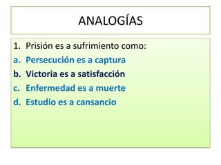 ANALOGÍASPrisión es a sufrimiento como:Persecución es a capturaVictoria es a satisfacciónEnfermedad es a muerteEstudio es a cansancio