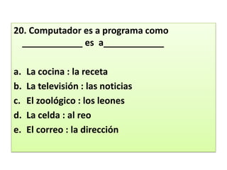 20. Computador es a programa como ____________ es  a____________ La cocina : la recetaLa televisión : las noticiasEl zoológico : los leonesLa celda : al reoEl correo : la dirección