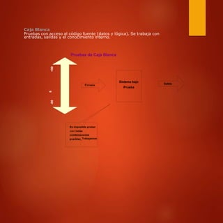 Caja Blanca
Pruebas con acceso al código fuente (datos y lógica). Se trabaja con
entradas, salidas y el conocimiento interno.
-006+00
 