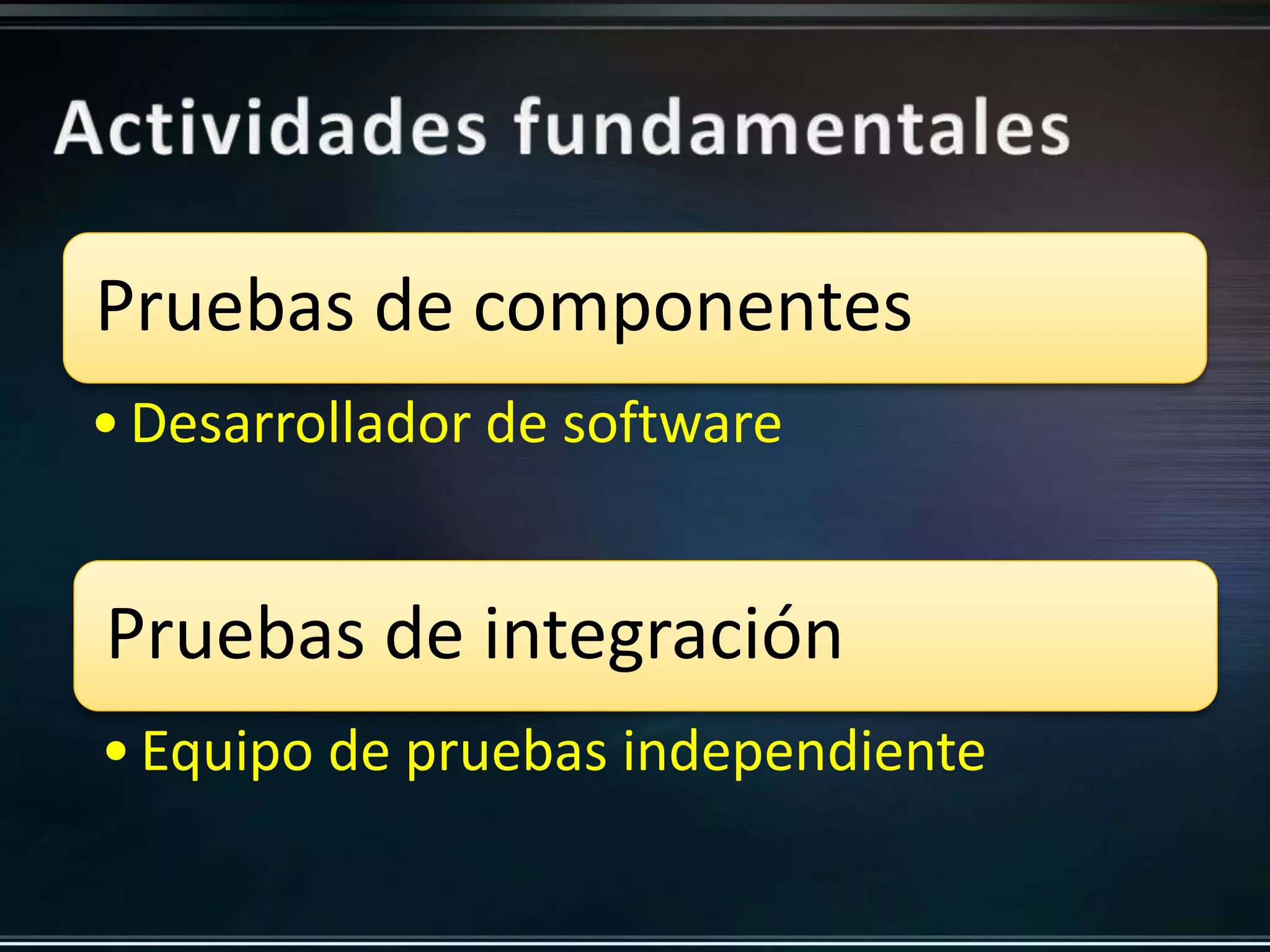 Pruebas de componentes 
• Desarrollador de software 
Pruebas de integración 
• Equipo de pruebas independiente 
 