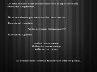Los actos humanos tienen consecuencias y esto se expresa mediante
enunciados y argumentos.
De un enunciado se pueden sacar varias consecuencias.
Ejemplo; del enunciado.
“Todas las mujeres merecen respeto”
Se obtiene lo siguiente:
Adriana merece respeto.
Guillermina merece respeto.
Hilda merece respeto.
Las consecuencias se derivan del enunciado anterior o premisa.
 