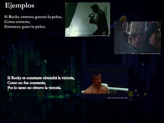 Ejemplos
Si Rocky entrena ganara la pelea,
Como entreno,
Entonces gano la pelea.
 