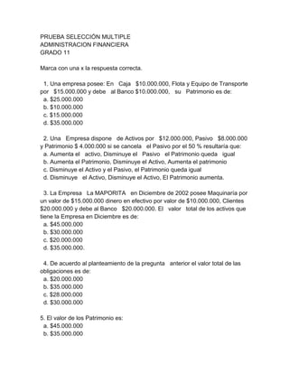 PRUEBA SELECCIÓN MULTIPLE
ADMINISTRACION FINANCIERA
GRADO 11

Marca con una x la respuesta correcta.

 1. Una empresa posee: En Caja $10.000.000, Flota y Equipo de Transporte
por $15.000.000 y debe al Banco $10.000.000, su Patrimonio es de:
 a. $25.000.000
 b. $10.000.000
 c. $15.000.000
 d. $35.000.000

 2. Una Empresa dispone de Activos por $12.000.000, Pasivo $8.000.000
y Patrimonio $ 4.000.000 si se cancela el Pasivo por el 50 % resultaría que:
 a. Aumenta el activo, Disminuye el Pasivo el Patrimonio queda igual
 b. Aumenta el Patrimonio, Disminuye el Activo, Aumenta el patrimonio
 c. Disminuye el Activo y el Pasivo, el Patrimonio queda igual
 d. Disminuye el Activo, Disminuye el Activo, El Patrimonio aumenta.

  3. La Empresa La MAPORITA en Diciembre de 2002 posee Maquinaría por
un valor de $15.000.000 dinero en efectivo por valor de $10.000.000, Clientes
$20.000.000 y debe al Banco $20.000.000. El valor total de los activos que
tiene la Empresa en Diciembre es de:
  a. $45.000.000
  b. $30.000.000
  c. $20.000.000
  d. $35.000.000.

 4. De acuerdo al planteamiento de la pregunta anterior el valor total de las
obligaciones es de:
 a. $20.000.000
 b. $35.000.000
 c. $28.000.000
 d. $30.000.000

5. El valor de los Patrimonio es:
 a. $45.000.000
 b. $35.000.000
 