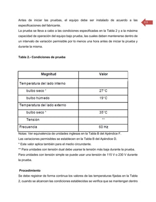111 
Antes de iniciar las pruebas, el equipo debe ser instalado de acuerdo a las especificaciones del fabricante. 
La prueba se lleva a cabo a las condiciones especificadas en la Tabla 2 y a la máxima capacidad de operación del equipo bajo prueba, las cuales deben mantenerse dentro de un intervalo de variación permisible por lo menos una hora antes de iniciar la prueba y durante la misma. 
Tabla 2.- Condiciones de prueba 
Notas: Ver equivalencia de unidades inglesas en la Tabla B del Apéndice F. 
Las variaciones permisibles se establecen en la Tabla B del Apéndice D. 
* Este valor aplica también para el medio circundante. 
** Para unidades con tensión dual debe usarse la tensión más baja durante la prueba. 
Para unidades con tensión simple se puede usar una tensión de 115 V o 230 V durante la prueba. 
Procedimiento 
Se debe registrar de forma continua los valores de las temperaturas fijadas en la Tabla 2, cuando se alcancen las condiciones establecidas se verifica que se mantengan dentro  