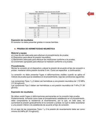 12 
Expresión de resultados 
El conector no debe presentar grietas ni roscas barridas. 
PRUEBA DE HERMETICIDAD NEUMÁTICA 
Material y equipo 
a) Línea de aire adecuada para efectuar el procedimiento de prueba; 
b) Dispositivo para elevar la presión neumática; 
c) Manómetro adecuado para efectuar las mediciones conforme a la prueba; 
d) Cronómetro apropiado para efectuar la medición conforme a la prueba. 
Procedimiento. 
Montar la conexión en el dispositivo y elevar la presión de acuerdo al tipo de conexión a probar, mantener dicha presión durante 5 min. Como se especifica a continuación: 
La conexión no debe presentar fugas ni deformaciones visibles cuando se aplica el método de prueba que se establece en el procedimiento, bajo las condiciones siguientes: 
Las conexiones Tipos 1 y 2 deben ser herméticas a una presión neumática de 1.72 MPa (17.54 kgf/cm2). 
Las conexiones Tipo 3 deben ser herméticas a una presión neumática de 7 kPa (71.38 gf/cm2). 
Expresión de resultados 
No deben existir fugas ni deformaciones permanentes en la conexión bajo prueba. 
Posteriormente, tomando como base el procedimiento establecido en el procedimiento, debe comprobarse la resistencia al reventamiento, por lo que, en este caso, se aumentará la presión gradualmente en la conexión a probar, la cual no debe reventarse a una presión inferior a la establecida de acuerdo al tipo de conexión. 
En el caso de las conexiones Tipos 1 y 2 la presión de reventamiento debe ser como mínimo 8.6 MPa (87.70 kgf/cm2).  