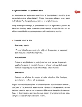 27 
Carga combinada a una pendiente de 4º 
Es la fuerza vertical aplicada durante 10 min. al gato hidráulico a un 120% de su capacidad nominal (véase tabla 2). El gato debe estar colocado en un plano inclinado de 4º y el dispositivo extensión en su longitud máxima. 
Después de aplicar la carga, el gato debe ser capaz de regresar a su posición de elevación mínima y operar sin fallar ni presentar fugas ni bajar más de 5 mm en el tiempo establecido, comprobándose con el procedimiento descrito. 
PRUEBA DE VIDA ÚTIL 
Aparatos y equipo 
- Prensa hidráulica con manómetro calibrado de acuerdo a la capacidad de la máquina para efectuar la prueba. 
Procedimiento 
Colocar el gato hidráulico en posición vertical en la prensa, sin extensión y aplicar los ciclos de trabajo indicados en la tabla 1, ejerciendo la carga nominal, desde el punto muerto inferior hasta el tope máximo. 
Resultados 
Después de efectuar la prueba, el gato hidráulico debe funcionar correctamente conforme a lo establecido: 
El gato hidráulico debe soportar la cantidad de ciclos especificada en la tabla 1, aplicando la carga nominal. Al término de los ciclos correspondientes, el gato debe ser capaz de soportar por lo menos un ciclo más de operación, sin presentar fugas ni deformaciones permanentes que afecten el funcionamiento del gato, comprobándose con el procedimiento descrito.  
