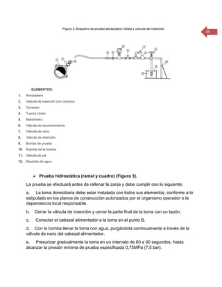 36 
ELEMENTOS: 1. Abrazadera 2. Válvula de inserción con conector 3. Conector 4. Tuerca Unión 5. Manómetro 6. Válvula de seccionamiento 7. Válvula de nariz 8. Válvula de retención 9. Bomba de prueba 10. Soporte de la bomba 11. Válvula de pie 12. Depósito de agua 
 Prueba hidrostática (ramal y cuadro) (Figura 3). 
La prueba se efectuará antes de rellenar la zanja y debe cumplir con lo siguiente: 
a. La toma domiciliaria debe estar instalada con todos sus elementos, conforme a lo estipulado en los planos de construcción autorizados por el organismo operador o la dependencia local responsable. 
b. Cerrar la válvula de inserción y cerrar la parte final de la toma con un tapón. 
c. Conectar el cabezal alimentador a la toma en el punto B. 
d. Con la bomba llenar la toma con agua, purgándola continuamente a través de la válvula de nariz del cabezal alimentador. 
e. Presurizar gradualmente la toma en un intervalo de 60 a 90 segundos, hasta alcanzar la presión mínima de prueba especificada 0,75MPa (7,5 bar).  