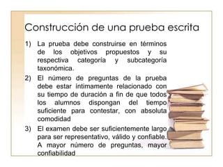 Construcción de una prueba escrita
1) La prueba debe construirse en términos
de los objetivos propuestos y su
respectiva categoría y subcategoría
taxonómica.
2) El número de preguntas de la prueba
debe estar íntimamente relacionado con
su tiempo de duración a fin de que todos
los alumnos dispongan del tiempo
suficiente para contestar, con absoluta
comodidad
3) El examen debe ser suficientemente largo
para ser representativo, válido y confiable.
A mayor número de preguntas, mayor
confiabilidad
 