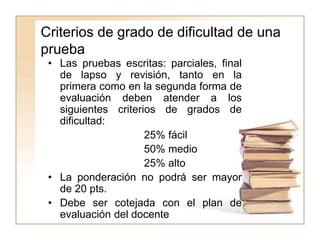 Criterios de grado de dificultad de una
prueba
• Las pruebas escritas: parciales, final
de lapso y revisión, tanto en la
primera como en la segunda forma de
evaluación deben atender a los
siguientes criterios de grados de
dificultad:
25% fácil
50% medio
25% alto
• La ponderación no podrá ser mayor
de 20 pts.
• Debe ser cotejada con el plan de
evaluación del docente
 