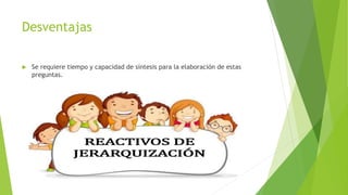 Desventajas
 Se requiere tiempo y capacidad de síntesis para la elaboración de estas
preguntas.
 