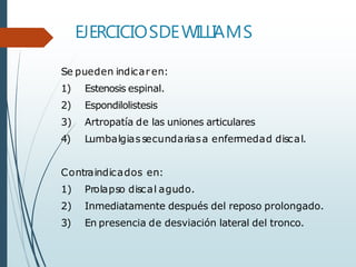 EJERCICIOSDEWILLIAMS
Se pueden indicar en:
1) Estenosis espinal.
2) Espondilolistesis
3) Artropatía de las uniones articulares
4) Lumbalgiassecundariasa enfermedad discal.
Contraindicados en:
1) Prolapso discal agudo.
2) Inmediatamente después del reposo prolongado.
3) En presencia de desviación lateral del tronco.
 