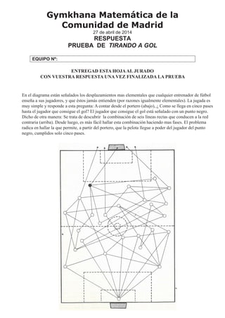 En el diagrama están señalados los desplazamientos mas elementales que cualquier entrenador de fútbol
enseña a sus jugadores, y que éstos jamás entienden (por razones igualmente elementales). La jugada es
muy simple y responde a esta pregunta: A contar desde el portero (abajo), ¿ Como se llega en cinco pases
hasta el jugador que consigue el gol? El jugador que consigue el gol está señalado con un punto negro.
Dicho de otra manera: Se trata de descubrir la combinación de seis líneas rectas que conducen a la red
contraria (arriba). Desde luego, es más fácil hallar esta combinación haciendo mas fases. El problema
radica en hallar la que permite, a partir del portero, que la pelota llegue a poder del jugador del punto
negro, cumplidos solo cinco pases.
Gymkhana Matemática de la
Comunidad de Madrid
27 de abril de 2014
RESPUESTA
PRUEBA DE TIRANDO A GOL
EQUIPO Nº:
ENTREGAD ESTA HOJAAL JURADO
CON VUESTRA RESPUESTA UNA VEZ FINALIZADA LA PRUEBA
 