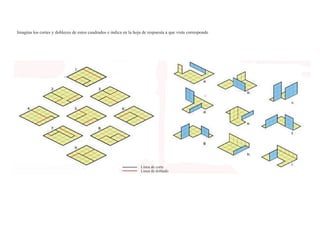 Línea de corte
Línea de doblado
Imagina los cortes y dobleces de estos cuadrados e indica en la hoja de respuesta a que vista corresponde
 