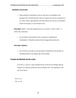 PRUEBAS DE HIPÓTESIS DE UNA POBLACIÓN P. Reyes/Sept. 2007
Estadístico de prueba
o Para probar la hipótesis nula se calcula un estadístico de
prueba con la información de la muestra el cual se compara a
un valor crítico apropiado. De esta forma se toma una decisión
sobre rechazar o no rechazar la Ho
- Error tipo I (alfa = nivel de significancia, es común = 0.05 ). Alfa = 1-
Nivel de confianza
o Se comete al rechazar la Ho cuando en realidad es
verdadera. También se denomina riesgo del productor.
- Error tipo II (beta )
o Se comete cuando no se rechaza la hipótesis nula siendo en
realidad falsa. Es el riesgo del consumidor
Pruebas de Hipótesis de dos colas:
Si la Ho: µ = que un valor poblacional, entonces el riesgo alfa se
reparte en ambos extremos de la distribución. Por ejemplo si Ha:
µ≠ 10 se tiene:
Ho: a = b
Ha: a ≠ b
12
 