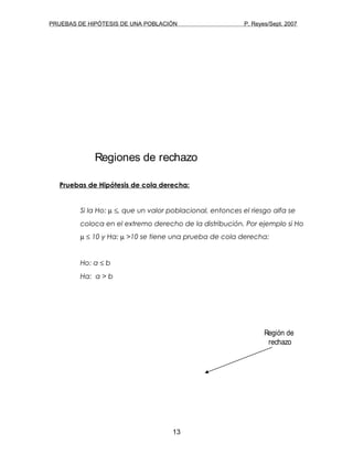 PRUEBAS DE HIPÓTESIS DE UNA POBLACIÓN P. Reyes/Sept. 2007
Pruebas de Hipótesis de cola derecha:
Si la Ho: µ ≤, que un valor poblacional, entonces el riesgo alfa se
coloca en el extremo derecho de la distribución. Por ejemplo si Ho
µ ≤ 10 y Ha: µ >10 se tiene una prueba de cola derecha:
Ho: a ≤ b
Ha: a > b
13
Región de
rechazo
Regiones de rechazo
 
