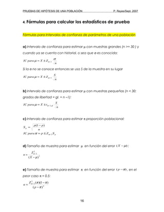 PRUEBAS DE HIPÓTESIS DE UNA POBLACIÓN P. Reyes/Sept. 2007
4. Fórmulas para calcular los estadísticos de prueba
Fórmulas para Intervalos de confianza de parámetros de una población
a) Intervalo de confianza para estimar µ con muestras grandes (n >= 30 ) y
cuando ya se cuenta con historial, o sea que σ es conocida:
n
ZXparaIC
σ
µ α 2/±=
Si la σ no se conoce entonces se usa S de la muestra en su lugar
n
S
ZXparaIC 2/αµ ±=
b) Intervalo de confianza para estimar µ con muestras pequeñas (n < 30;
grados de libertad = gl. = n –1):
n
S
tXparaIC gl,2/αµ ±=
c) Intervalo de confianza para estimar π proporción poblacional:
p
p
SZpparaIC
n
pp
S
2/
)1(
απ ±=
−
=
d) Tamaño de muestra para estimar µ en función del error )( µ−X :
2
2
2/
)( µ
α
−
=
X
Z
n
e) Tamaño de muestra para estimar π en función del error )( π−p , en el
peor caso π = 0.5:
2
2
2/
)(
)1)((
π
ππα
−
−
=
p
Z
n
16
 