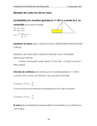 PRUEBAS DE HIPÓTESIS DE UNA POBLACIÓN P. Reyes/Sept. 2007
Ejemplos de cada uno de los casos
a) Estadístico Zc muestras grandes (n >= 30 ) o cuando la σ es
conocida (ya se tiene historial):
valorHa
valorHo
≠
=
µ
µ
:
:
n
X
Zc HIPOTESIS
σ
µ−
=
Estadístico de tablas Zalfa o Zalfa/2 en Excel =DISTR.NORM.ESTAND.INV(alfa
o alfa/2)
Estadístico de tablas Zalfa o Zalfa/2 en Minitab >Calc >Probability
distributions> Normal:
Inverse Cummulative prob; Mean = 0; Std. Dev. = 0; Input constant =
Alfa o alfa/2
Intervalo de confianza para estimar µ con muestras grandes (n >= 30) o
cuando ya se cuenta con historial, o sea que σ es conocida:
n
ZXparaIC
σ
µ α 2/±=
Si no se conoce la σ entonces se reemplaza por la S de la muestra.
n
S
ZXparaIC 2/αµ ±=
El valor p de probabilidad correspondiente al estadístico Zc se determina
como sigue:
18
 